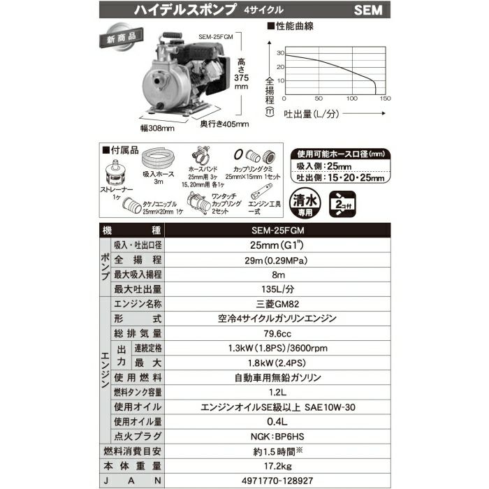 エンジンポンプ 1インチ ハイデルスポンプ SEM-25FGM 工進 ポンプ 4サイクル 吐出口径 25 mm KOSHIN コーシン ボクらの農業EC本店
