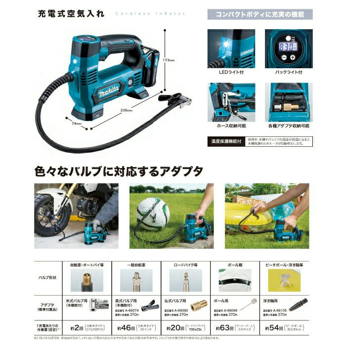 マキタ makita 10.8V 充電式 空気入れ MP100DSH 各種アダプタ